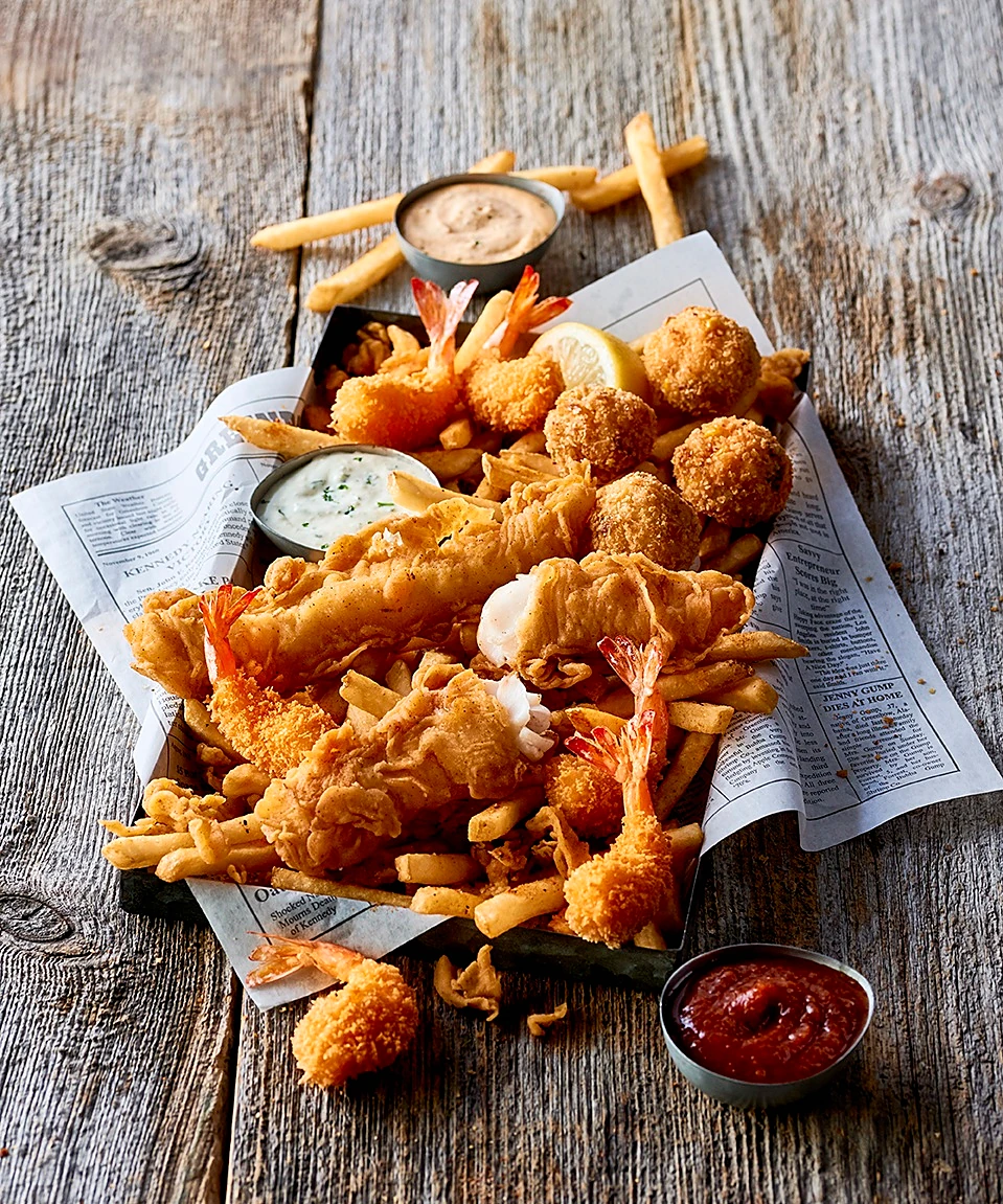 Forrest's Seafood Feast — fried shrimp, fish and chips and hush pups